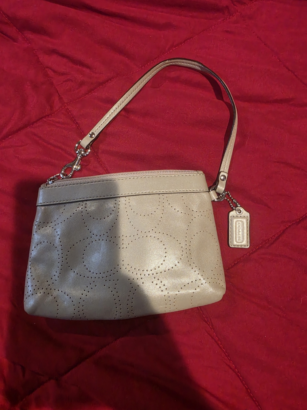 Gray Perforated Leather Wristlet with Strap